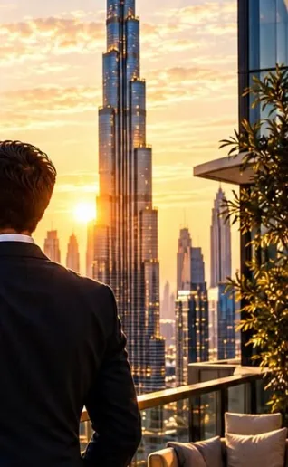 Geschäftsmann im Anzug auf einem Balkon mit Blick auf den Burj Khalifa, Sinnbild für Karriere und Recruiting in Dubai