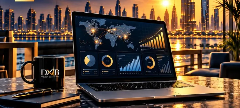 Laptop mit Auswertungen vor der abendlichen Skyline von Dubai