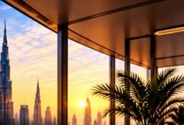 Büro mit Blick auf die Skyline von Dubai im Abendlicht