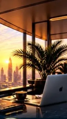 Büroarbeitsplatz mit Palme und Laptop im Abendlicht über Dubai, Arbeitsumfeld für neue Mitarbeiter